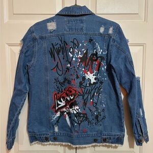 Graffiti Distressed Ripped Blue Denim Jean Jacket Art Music Love